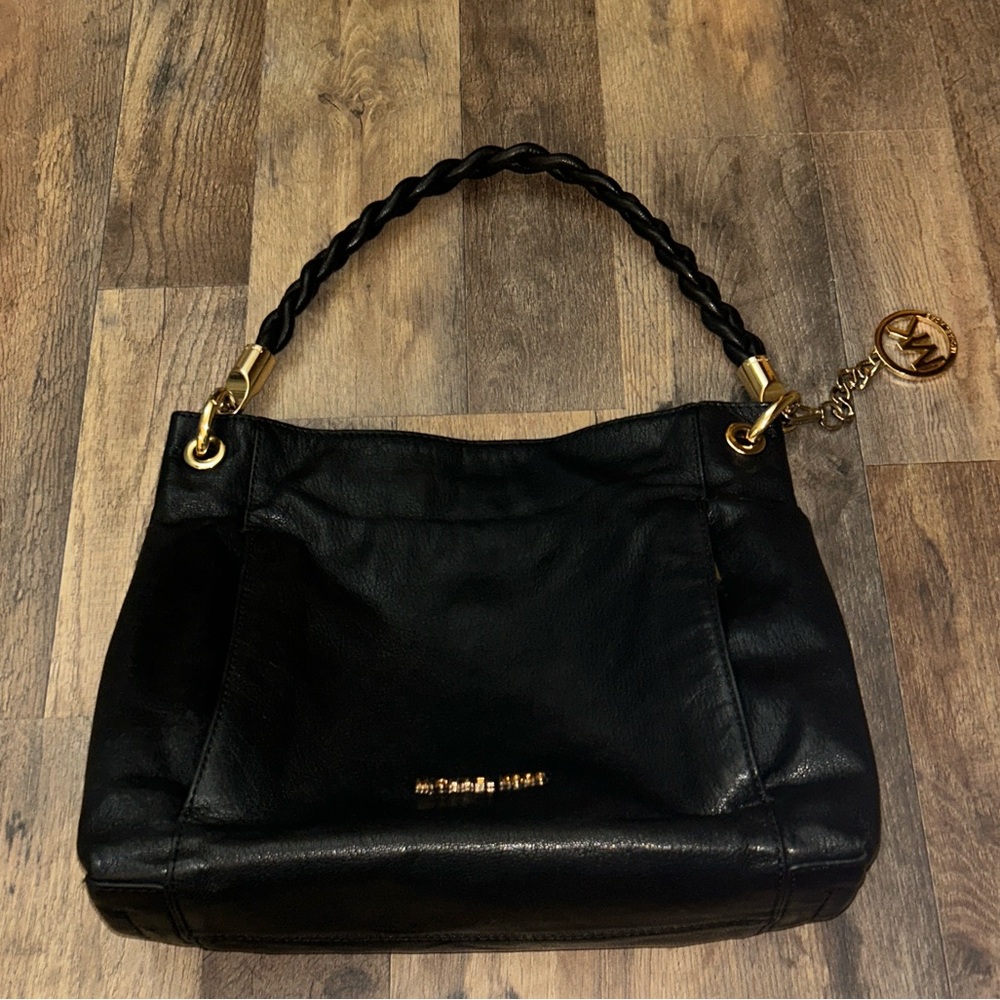 Michael Kors Black Shoulder Bag Braided Strap Gold Accents Beautiful Leather